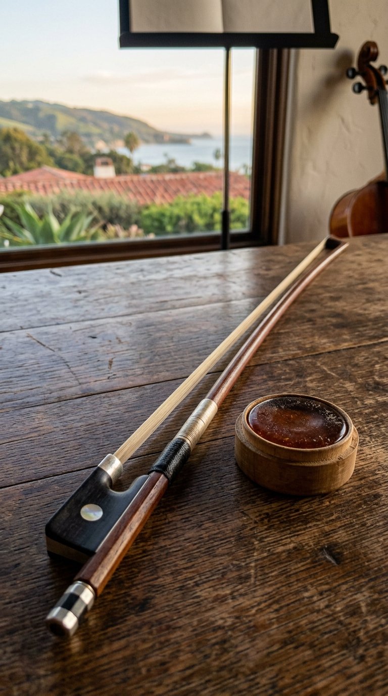 Illustrated — a cello bow and a cake of rosin on a wooden table by a window