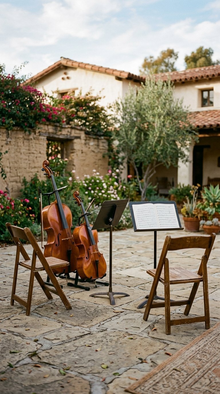 Illustrated — a full-size and a smaller cello on stands between two chairs and music stands in a courtyard