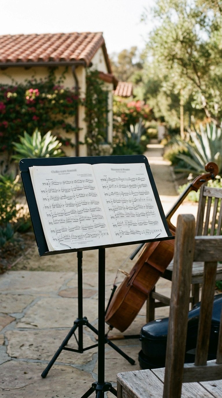 Illustrated — a cello part open on a music stand, a cello leaning on a chair behind