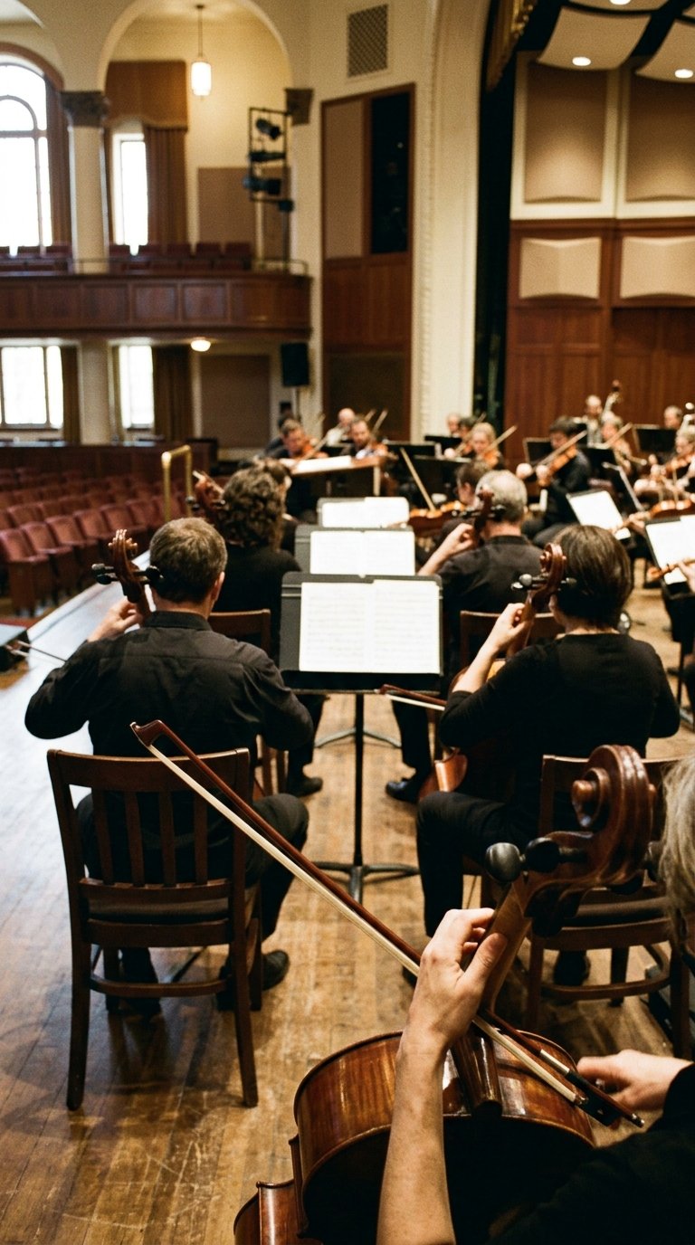 Illustrated — an orchestra rehearsal seen from behind the cellos