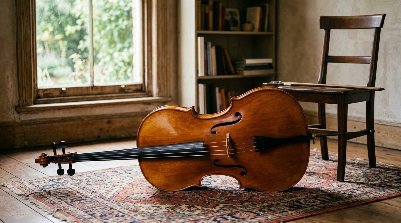 Illustrated — a cello lying on its side on a rug beside a chair with the bow on the seat