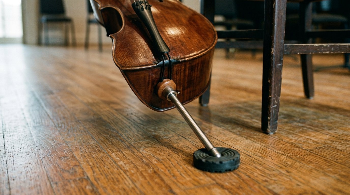 Illustrated — a cello endpin resting in a rockstop on a wooden floor